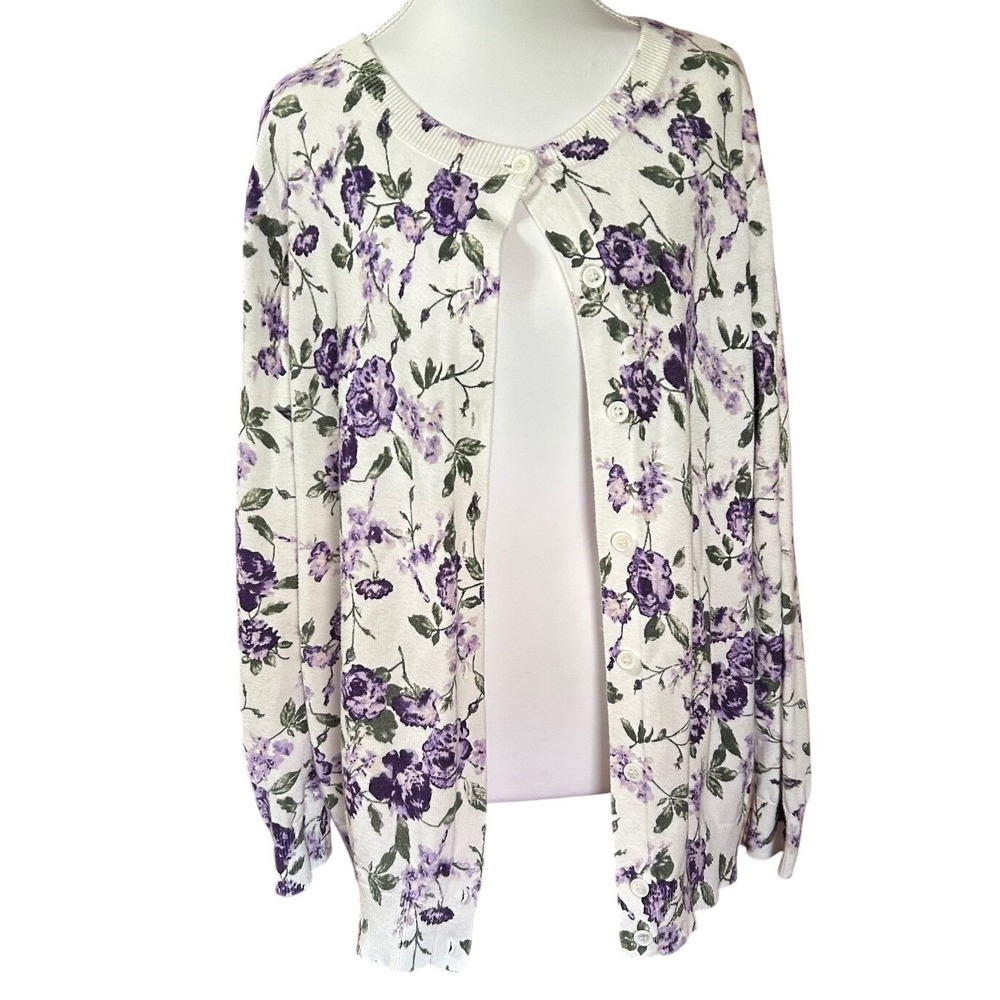 Woman Within Purple Floral Cotton Cardigan Sweater Cottagecore Dopamine Dressing